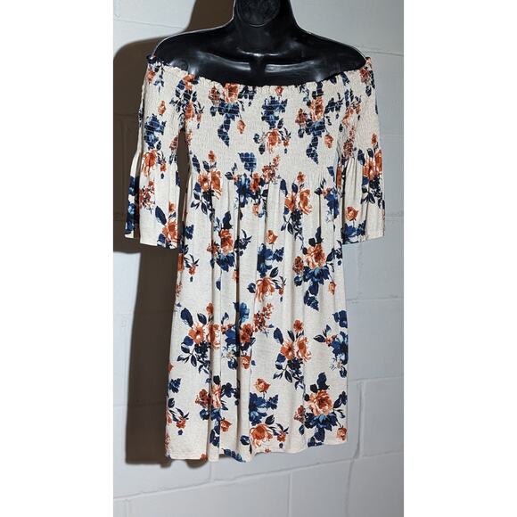 Rewind Floral Off Shoulder Mini Dress Women Smocked Top Bell Sleeve Summer Small - Picture 3 of 5